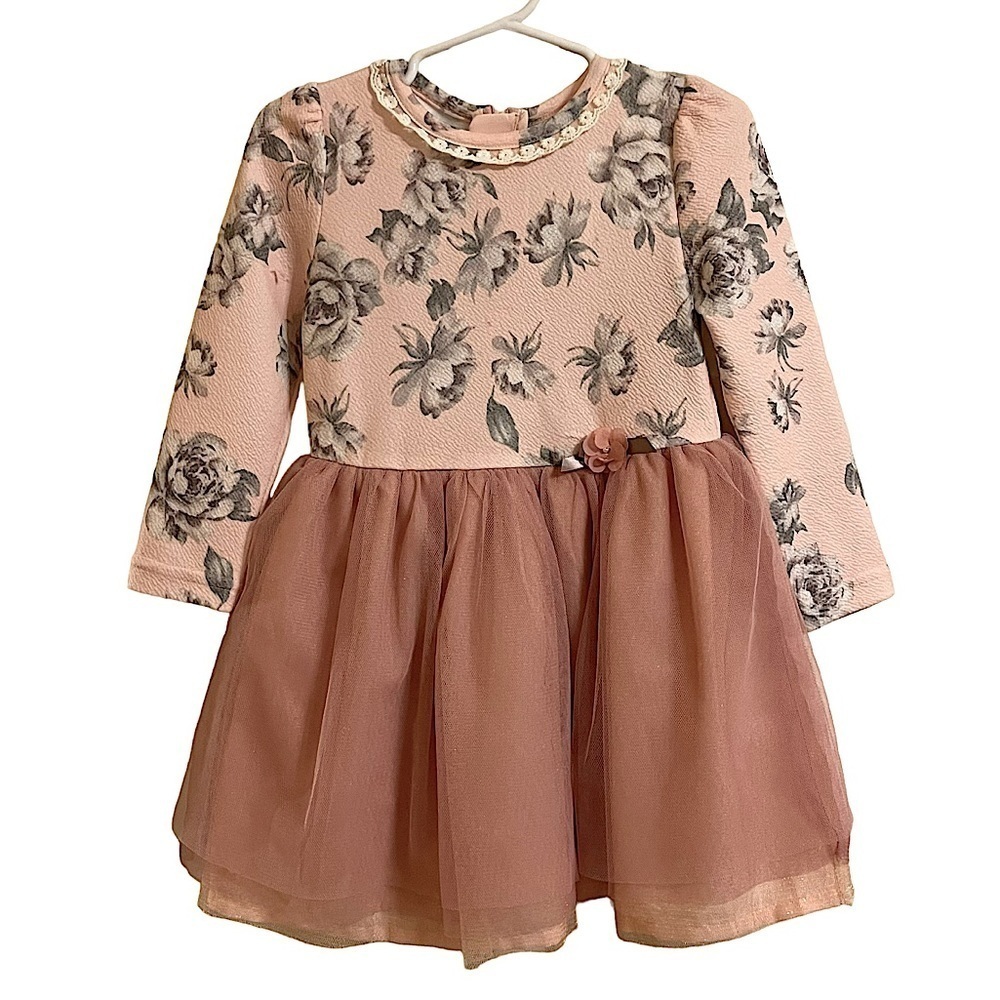 Petit Enfant Pink & Gray Floral Dress With Flirty Skirt Size 3T